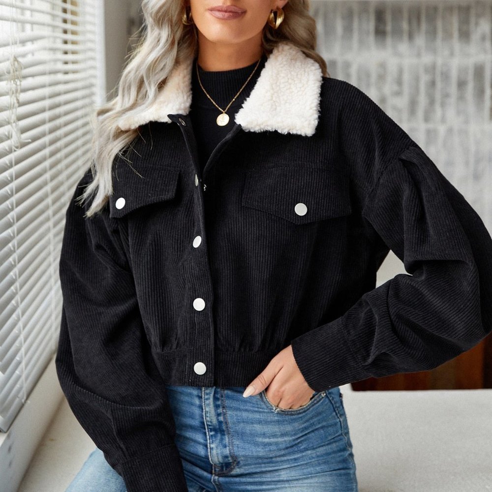 Black Casual Womens Borg Collar Drop Shoulder Corduroy Jacket - Picture 3 of 5